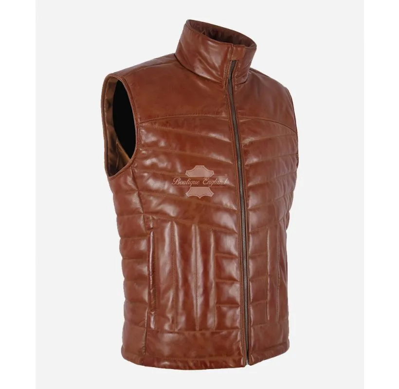 CARLOS Leather Padded Vest Men's Chestnut Puffer Waistcoat Gilet