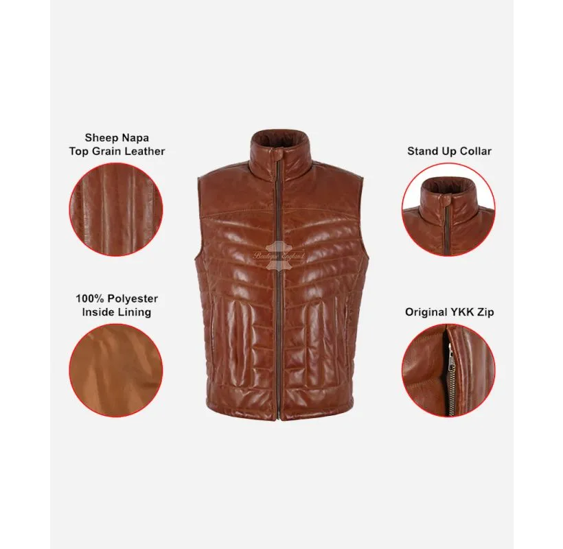 CARLOS Leather Padded Vest Men's Chestnut Puffer Waistcoat Gilet