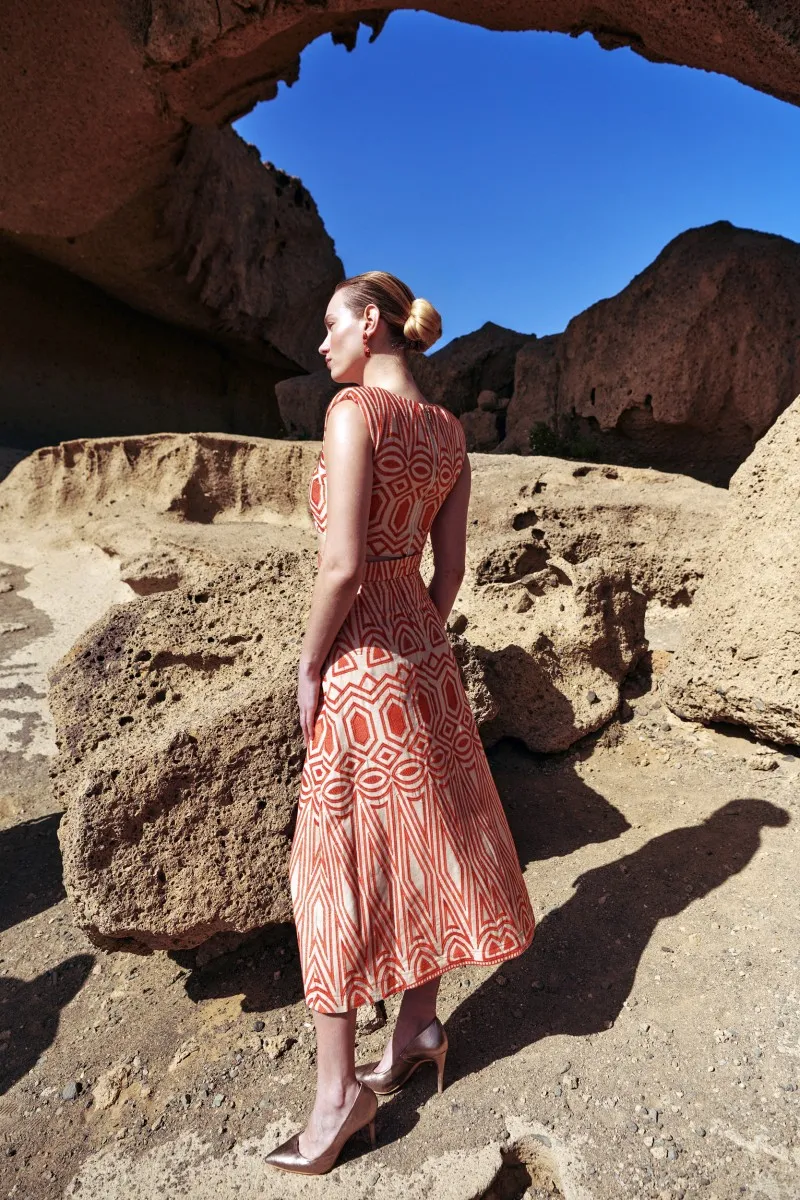 Falda midi evasé étnica beige y naranja Atogo