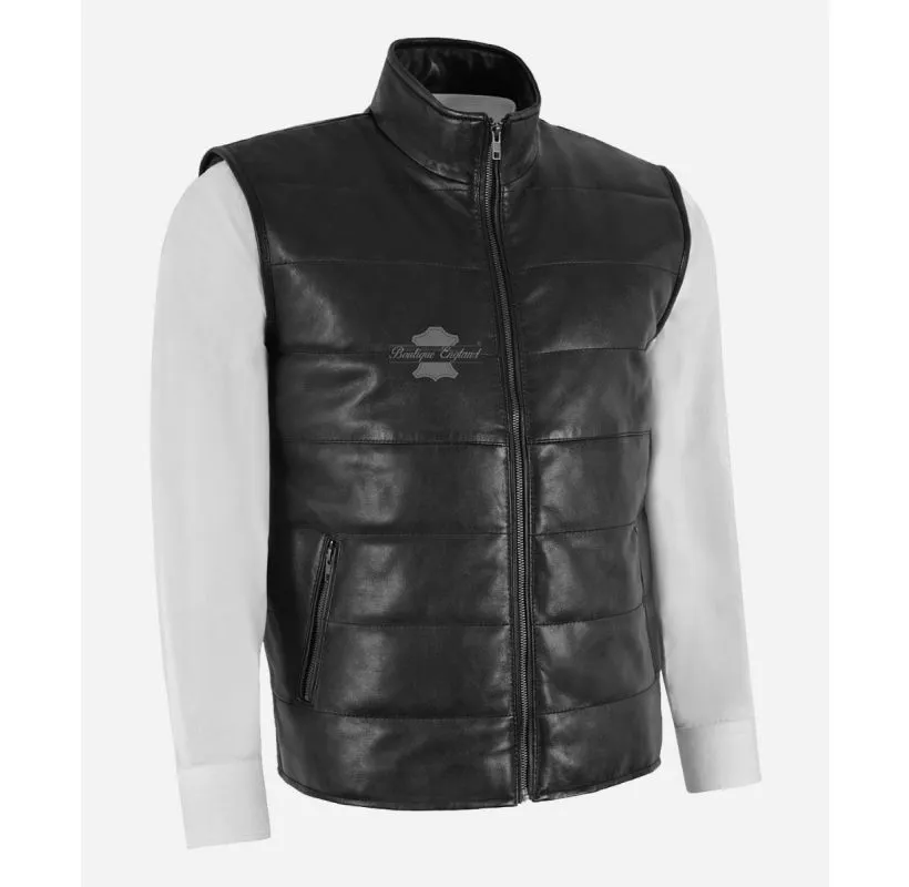 Men's Quilted Leather Waistcoat Light Puffer Black Real Leather Fashion Gilet Vest