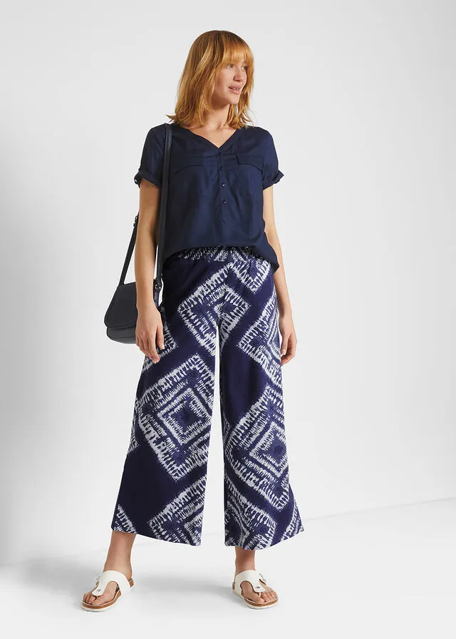 Pantalón ancho con cómoda cintura de nido de abeja Azul oscuro estampado