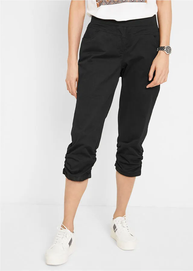 Pantalón capri de algodón con cintura cómoda y fruncido Negro