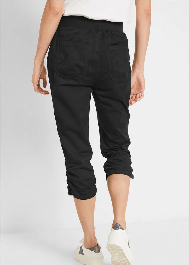 Pantalón capri de algodón con cintura cómoda y fruncido Negro