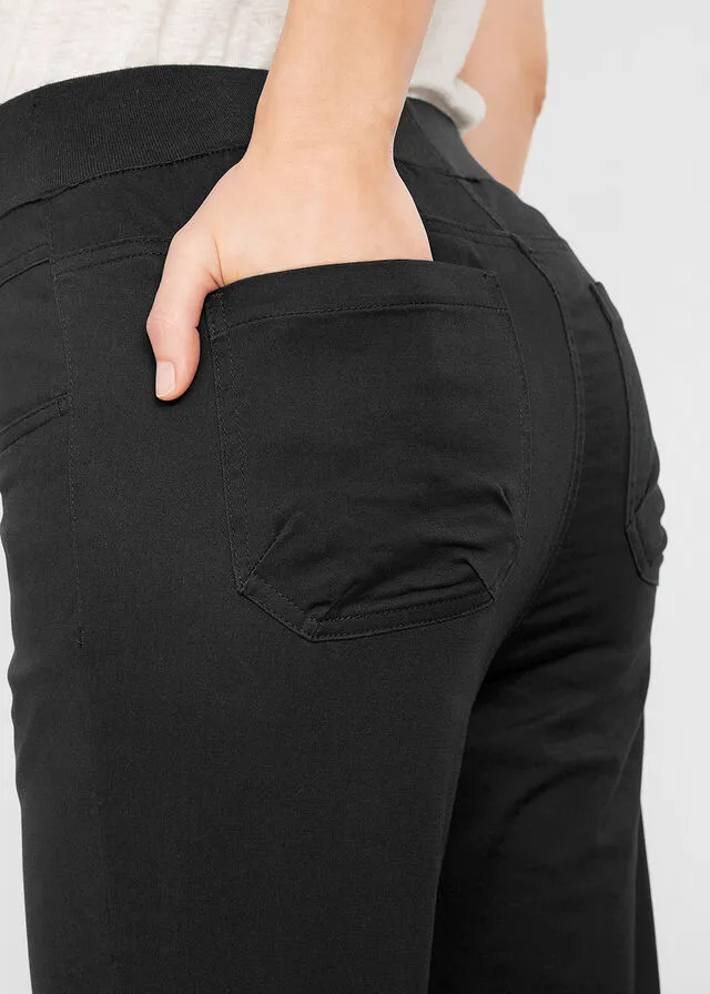 Pantalón capri de algodón con cintura cómoda y fruncido Negro