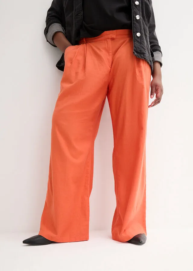 Pantalón palazzo de corte ancho con lino Naranja cobrizo