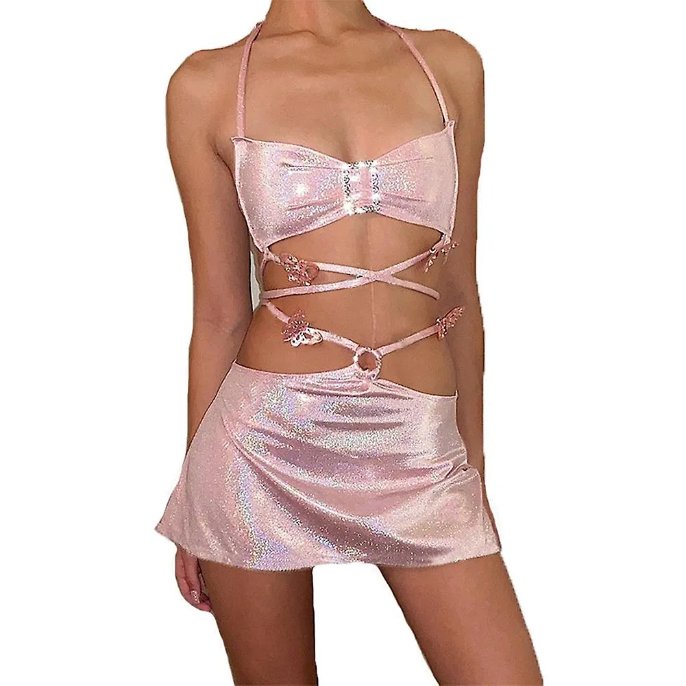 Shiny Silk Halter Back And Umbilical Skirt Crop Top Two Piece Set Pink Backless Mini Sexy Dress